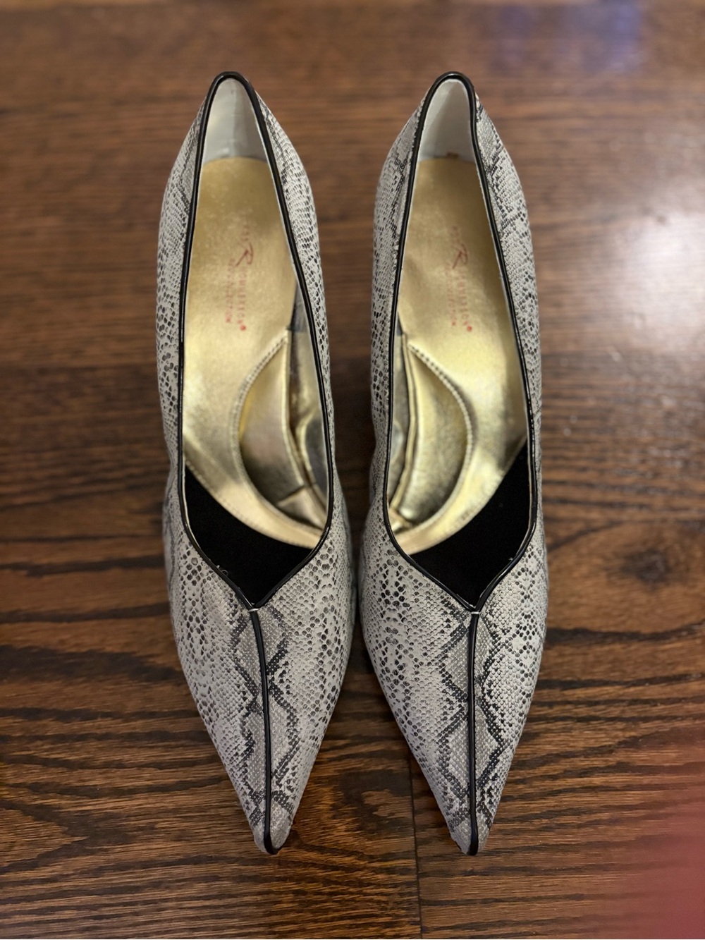Ros Hommerson long tall sally Pointed-Toe Snake-Print Pumps in Black & Gray.